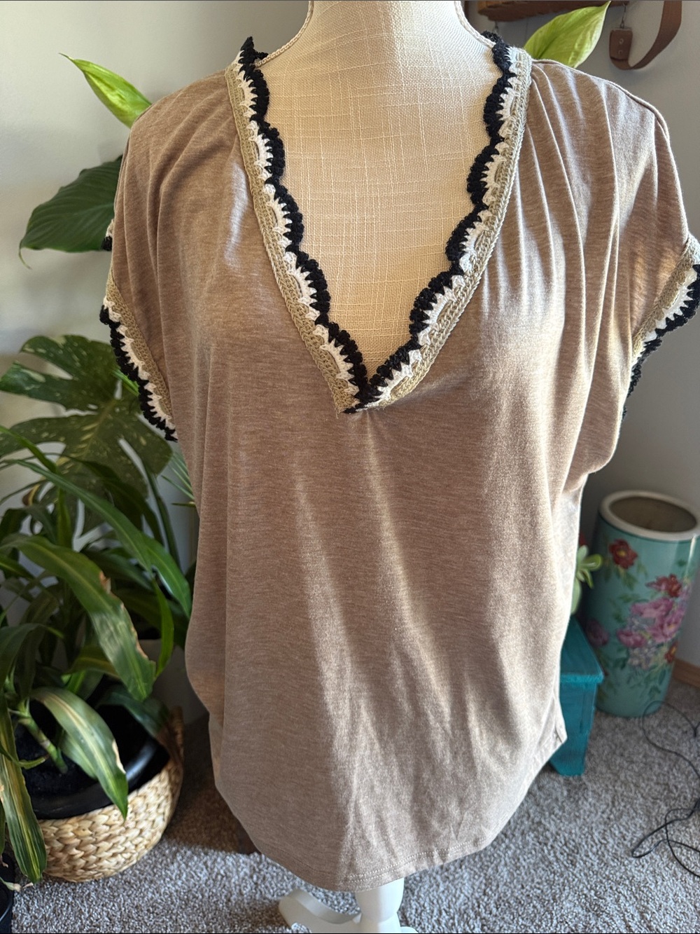 Beige Crochet Trim V-Neck Top